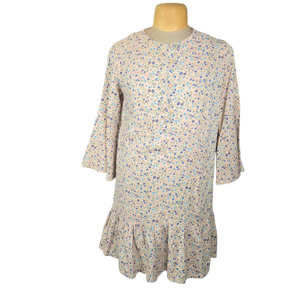 People Tree Women's US 10 Pink Ditsy Floral Tencel Ruffle Bell Sleeve Dress